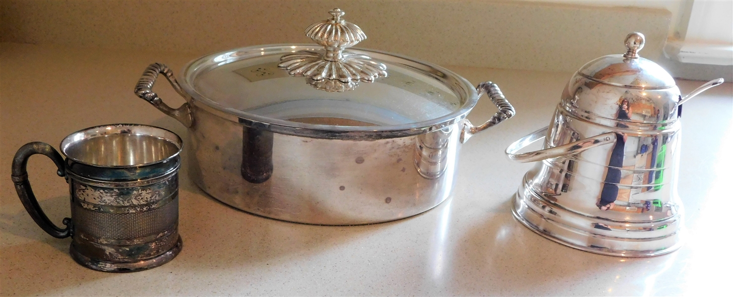 Made in England Silver Plate Porcelain Lined Bucket, Lidded Casserole, and Reed & Barton Guilt Mug - Monogrammed 