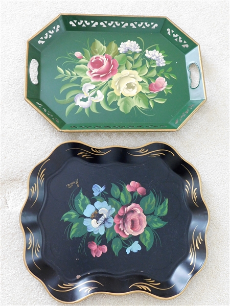 2 Towle Painted Trays Black 17" Signed Anatole and Green 18"