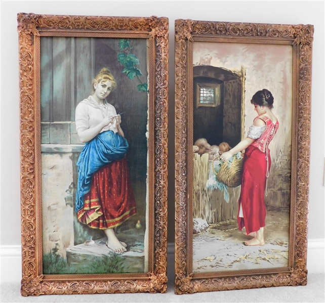Pair of Prints on Canvas of Women in Gold Frames - Frames Measure 40" by 21"