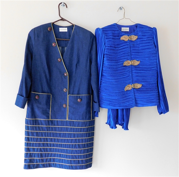Fine Feather Blue Jacket and Skirt Set with Gold Beading and Fine Feathers Denim Gold Cord Dress - Both Small 