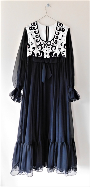 Vintage Black Chiffon Dress with Embroidered Boddice - Small 
