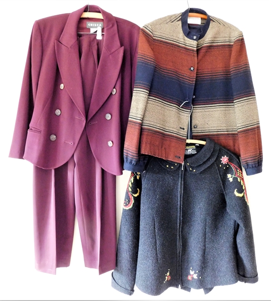 Crisca Eggplant Colored Suit, Sports Galore Jacket, and Norlender Knitwear Sweater
