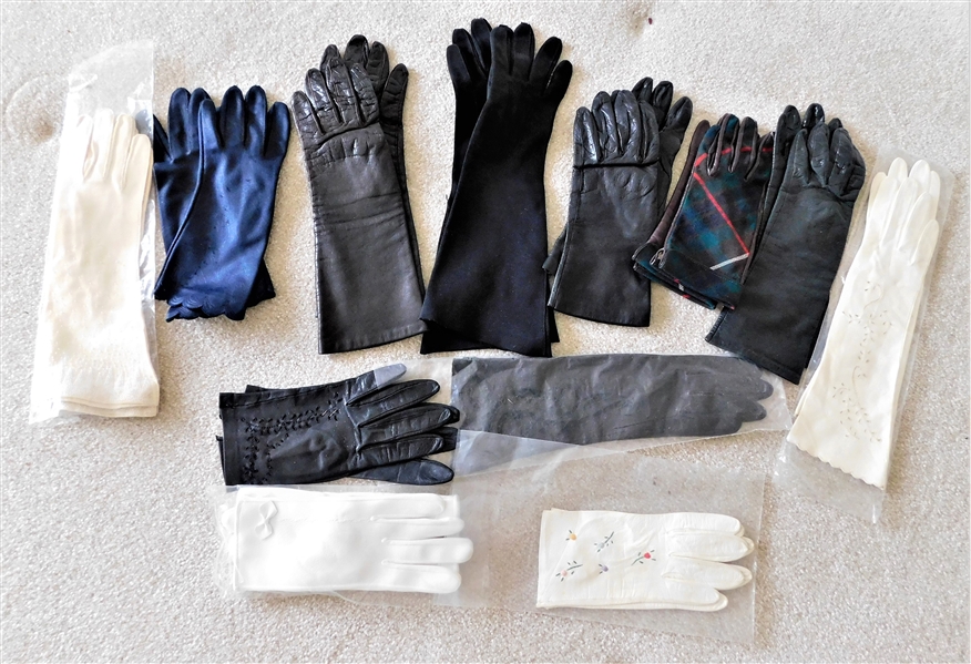 12 Pairs of Ladies Gloves including Long Evening Gloves, Kidskin Leather, White Beaded, and Embroidered