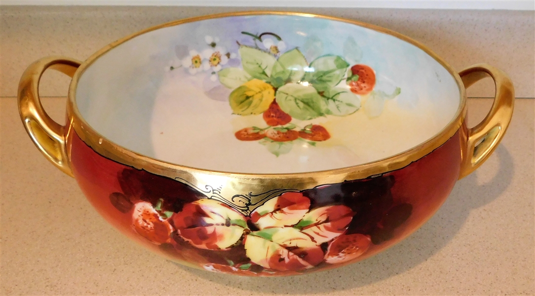 Bavaria Jul H. Brsuer Hand Painted Strawberry and Flower Handled Bowl  - 8 1/2" Diameter 11" Handle to Handle 