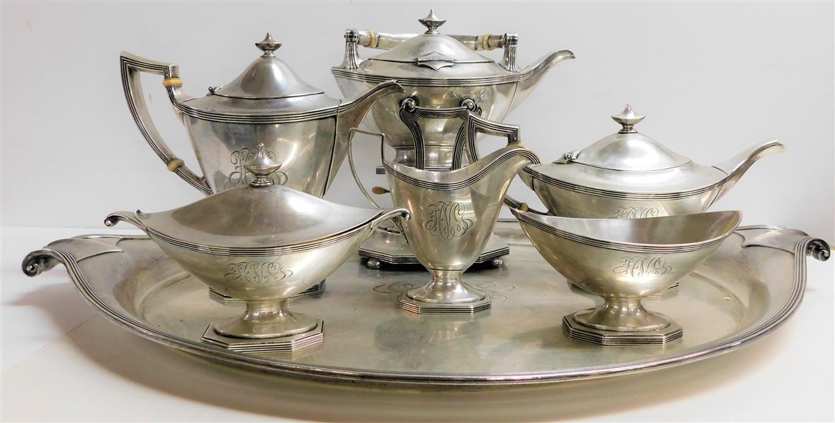 Outstanding 7 Piece Gorham Sterling Silver Tea Service with Matching Sterling Silver Tray - Gorham Date Marks for 1916, Monogrammed - Tray Measures 28" by 27" Total Weight 7938.8 Grams