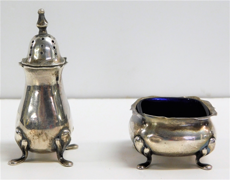 English Sterling Silver Pepper Shaker and Master Salt with Cobalt Glass Liner - Shaker is 3 1/8" tall