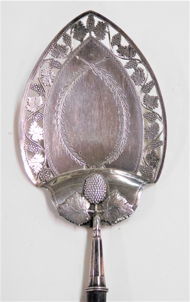 Sterling Silver Server with Reticulated Grapevine Pattern - Wreath in Center- Horn Handle - Attached Tag "1795" - Marked PG on Blade - 12" long