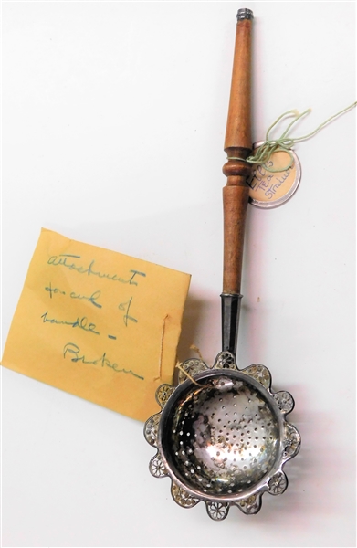 Tea Strainer with Wood Handle - Finial has Separated but Attached -9 1/4" long