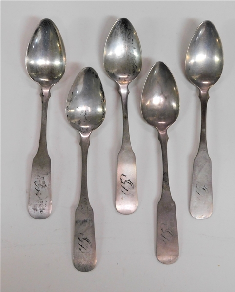 5 Coin Silver Spoons G.G. Clark - 6" long - 67.3 grams

