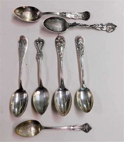 Group of 7 Sterling Silver Souvenir Spoons including Skagway, AK, Hot Springs, AR, Colombian Expo, Columbus, OH, Hartford, CT, Chippewa Falls, and Covington 165.6 grams