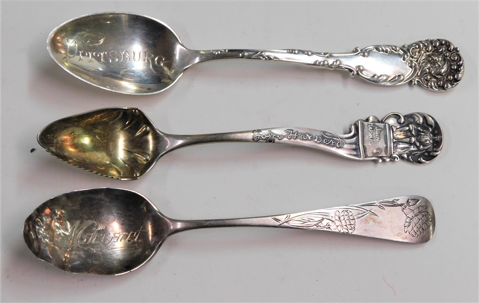 Set of 3 Late 19th Century Sterling Silver Souvenir Spoons - John Harvard, Pittsburg, and Margaret - Damaged Bowl - 67.0 grams
