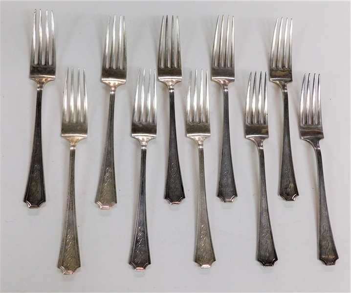 Set of 10 Durgin Sterling Silver "Fairfax" Pattern Dinner Forks - Monogrammed - 438.5 grams