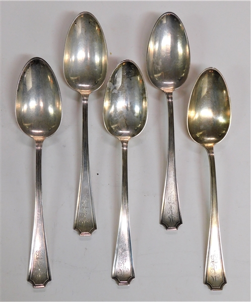 Set of 5 Durgin Sterling Silver "Fairfax" Table Serving Spoons - 8 1/2" long - 298.8 grams