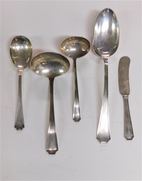 Group of 5 Pieces of Gorham Sterling Silver "Fairfax" including Gravy Ladle, Cream Ladle, Sugar Spoon, Butter Spreader, and Serving Spoon - Monogrammed - 233.4 Grams