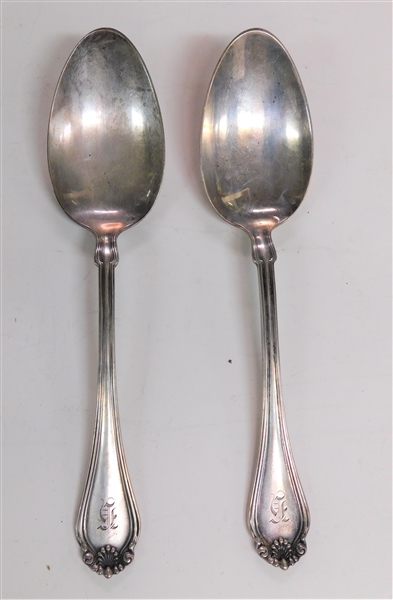 2 Sterling Silver Shell Pattern Serving Spoons A. Stowell & Co. - 8 1/4" long - Monogrammed 156.1 grams