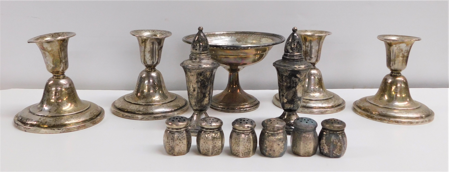Weighted Sterling Silver Lot including 4 J.E. Caldwell Candlesticks, Glass Lined Shakers, Wallace Compote, and 6 Mini Shakers