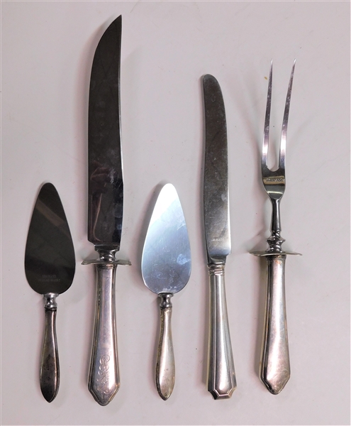 Grouping of 5 Sterling Silver Handled Serving Pieces including Carving Set and Cheese Server - Monogrammed