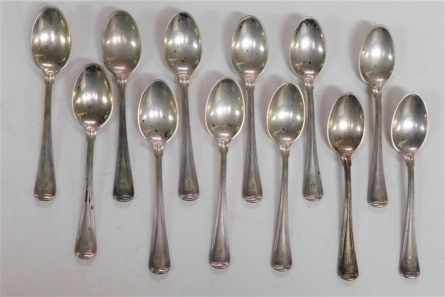 12 Sterling Silver Pat. 1904 Coffee Spoons 4 1/8" long Monogrammed "K" - 160.9 grams