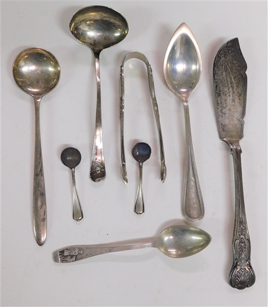 8 Sterling Silver Items including Childs Spoon, Salt Spoons, and Tongs - 173.4 Grams