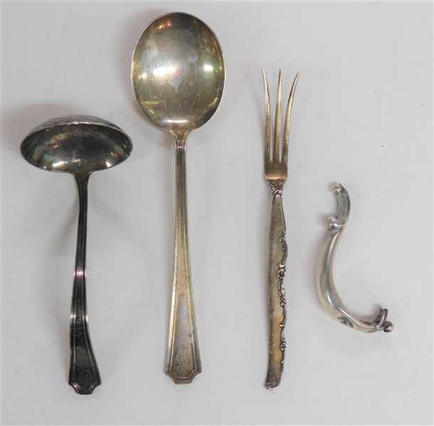 4 Sterling Silver Items including Fork, Ladle, Spoon, and Broken Handle - Ladle is Scratched - 91.8 