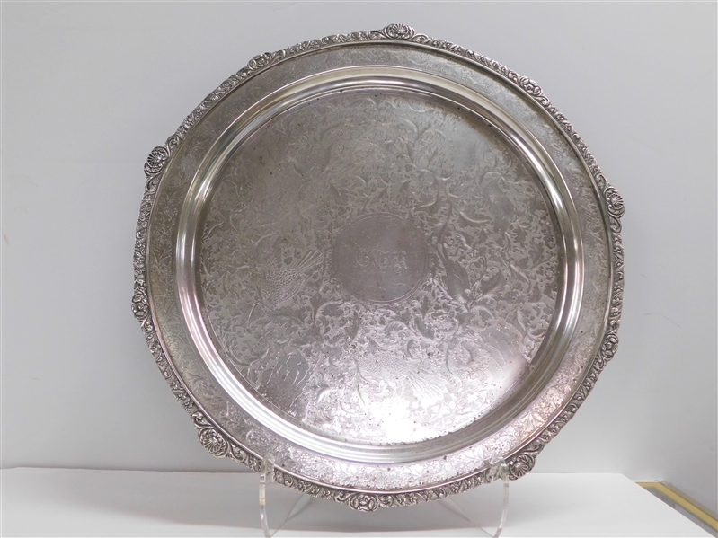 Outstanding Sterling Silver Round Footed Tray by David R. Rough New York- Engraved Bird Details - Number 434 - 20" across 3433 Grams