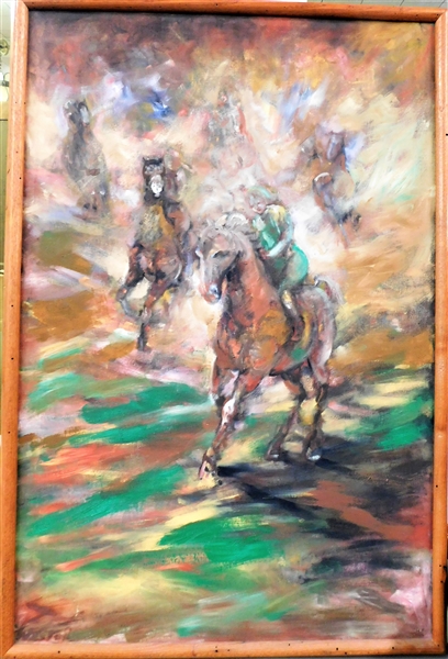 "Racing Horses" Impressionist Painting by New York Artist Adelaide Weston - Framed - 38 1/2" by 26"