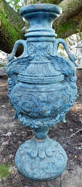 Metal Urn Style Garden Fountain with Double Swan Handles - 32" tall not including pipe