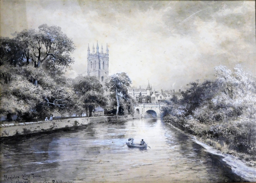 "Magdalen College Tower Cherwell" Watercolor by Chas F Allbon - 1847 Dated - Framed 24" by 18 1/4"