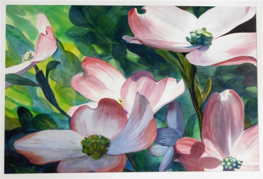 Chapel Hill Artist Jeannette Wainwright " Pink Dogwood" Watercolor - Framed and Matted 23" by 31" - Artist Signed