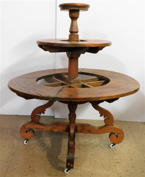 Antique Pine Mortised Revolving Pastry Table - 3 Tiers - 42" tall 36" at Widest Point - On Castors