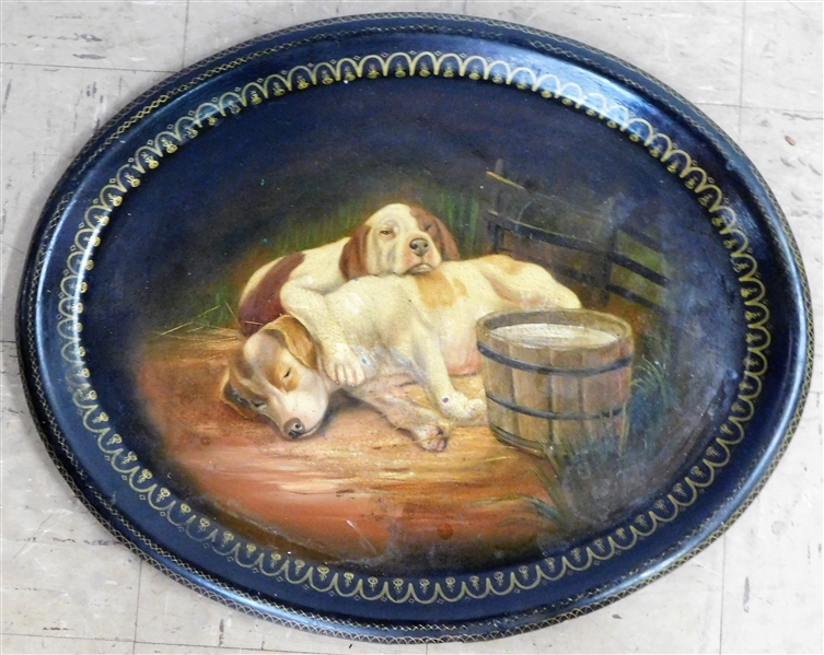 Hand Painted Sleeping Dog Paper Mache Tray - Gold Decorated Trim - Chip on Rim of Tray - Only Visible from Back - 24 1/2" by 19 1/2"