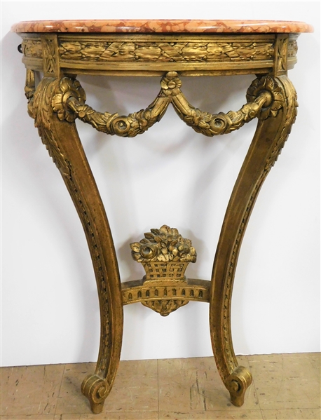 French Style Gold Gilt Wall Table with Peach Colored Marble/Stone Top - Floral Basket Crest in Center - 32" 22" by 11 1/2"