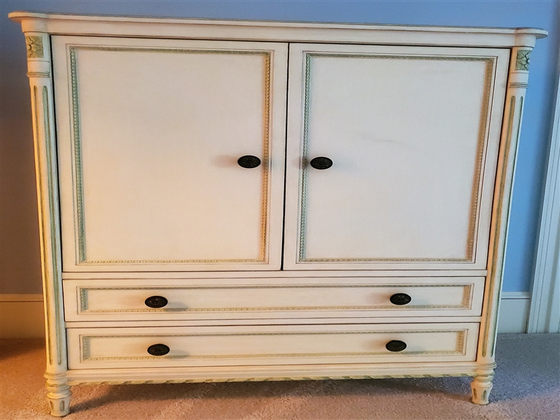 Nicely Painted Armoire - Double Doors at Top Over 2 Drawers - Cream Faux Bios Painted with Sage Green Details - 63" 41" by 22"