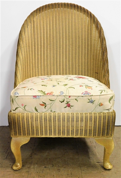 Wicker Slipper Chair with Satin Embroidered Seat - 30" 18" by 17" - Small Tear on Corner Trim