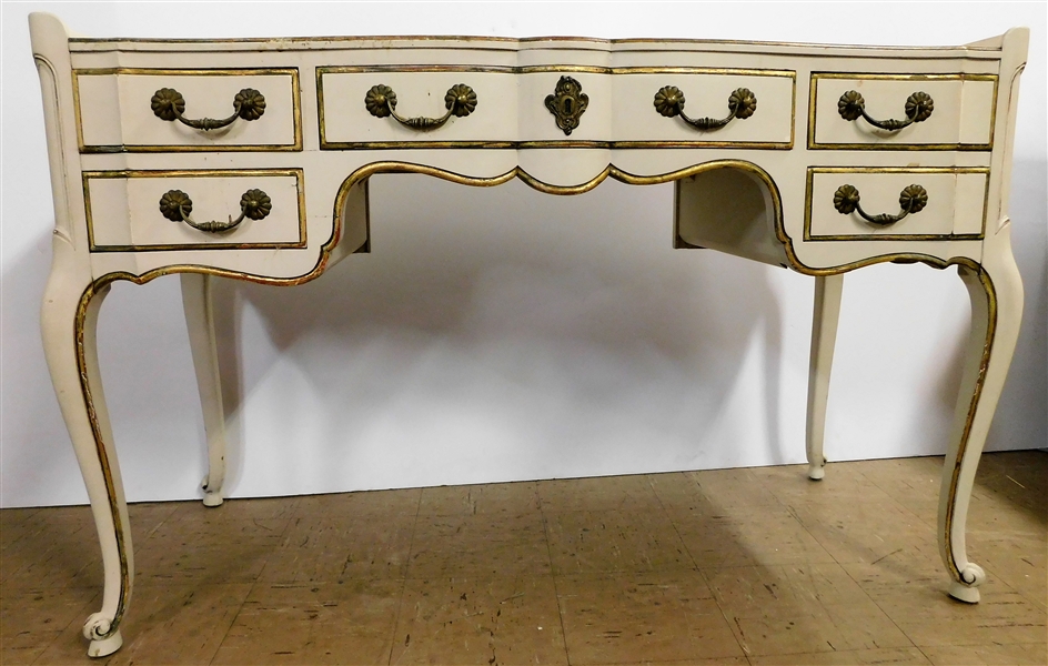 Cream and Gold Painted Serpentine Front Desk/Vanity - Dovetailed Drawers - 30 1/2" 48" by 20"