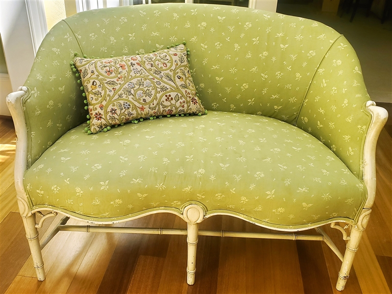 Green and Cream Upholstered Settee- Bird and Floral Designs on Upholstery - Minor Staining In Seat - 32" 43" by 20"
