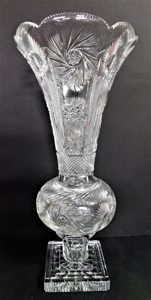 Outstanding Large Cut Glass Footed Vase -Maker Name Etched Near Top Rim - 21 1/4" tall 9 1/4" Across