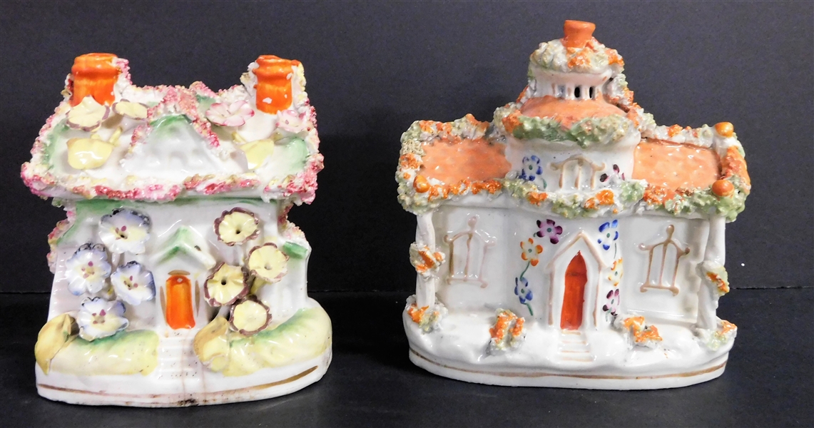 2 Staffordshire Porcelain Houses - 5 1/4" Double Chimney House is Good  4 1/2" Single Chimney Has 3 Broken Flowers and Hairline on  Bottom