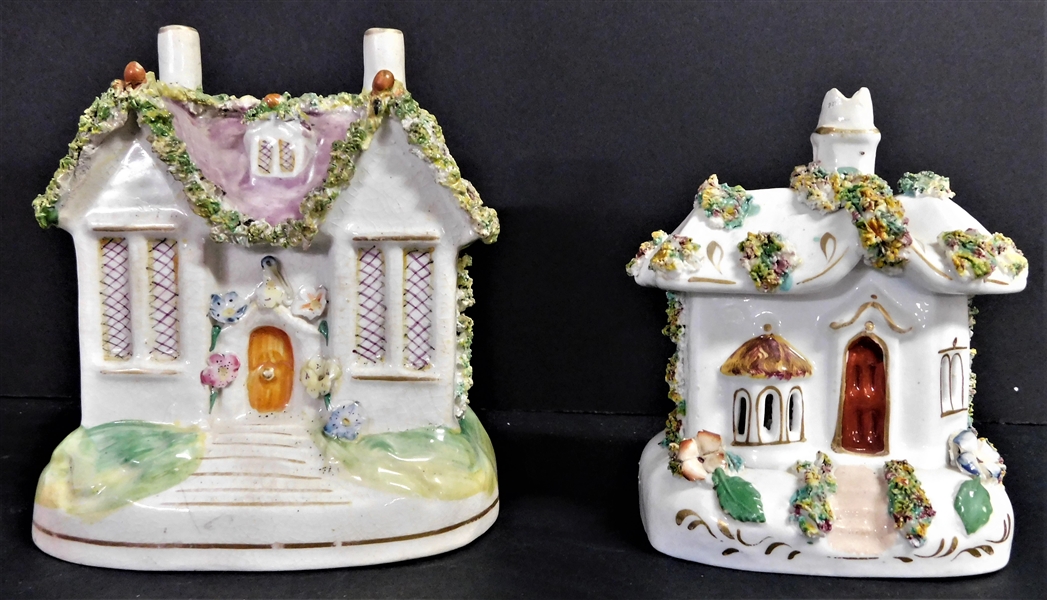 2 Staffordshire Porcelain Houses - 5" Double Chimney and 4 1/2" Single Chimney - 