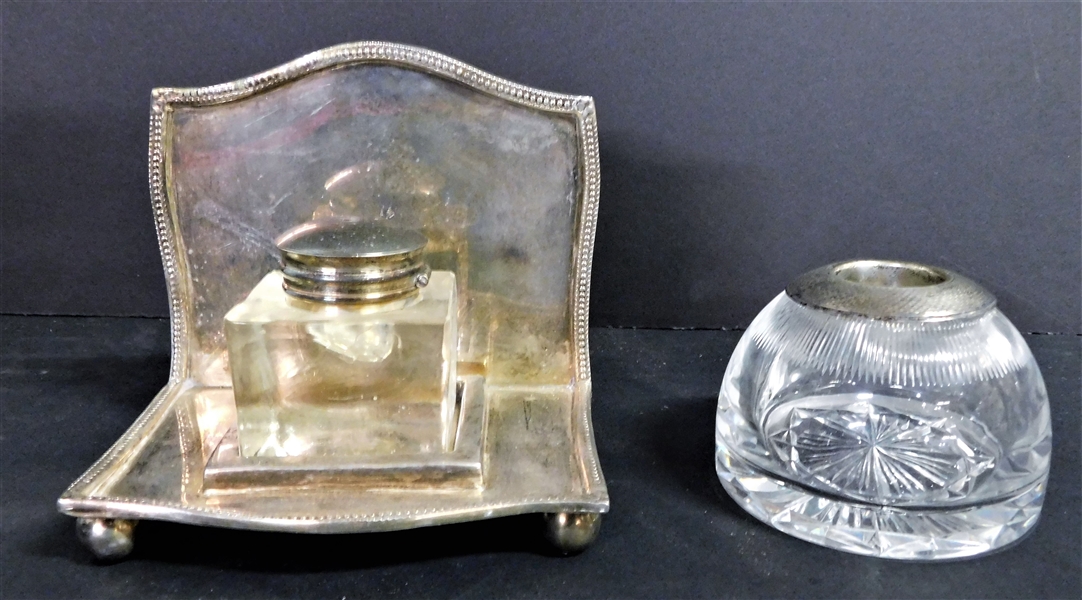 Glass Ink Well With Sterling Silver Hallmarked Insert and Silverplate Inkwell with Holder - 5" 5" by 3"