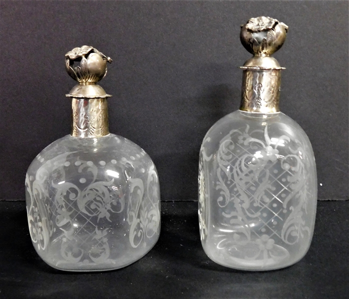2 Etched Crystal Dresser Bottles with 800 Silver Floral Tops - 5" Tall 