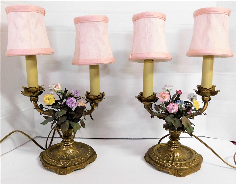 Pair of Brass and Porcelain Flower Double Light Table Lamps - 15" tall 8" Wide