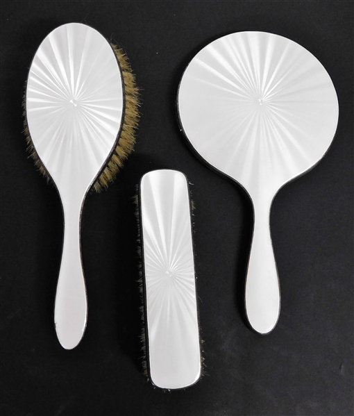 Made in England Hallmarked Sterling Silver Guilloche Enamel Dresser Set including Mirror and 2 Brushes - Mirror is 9" long