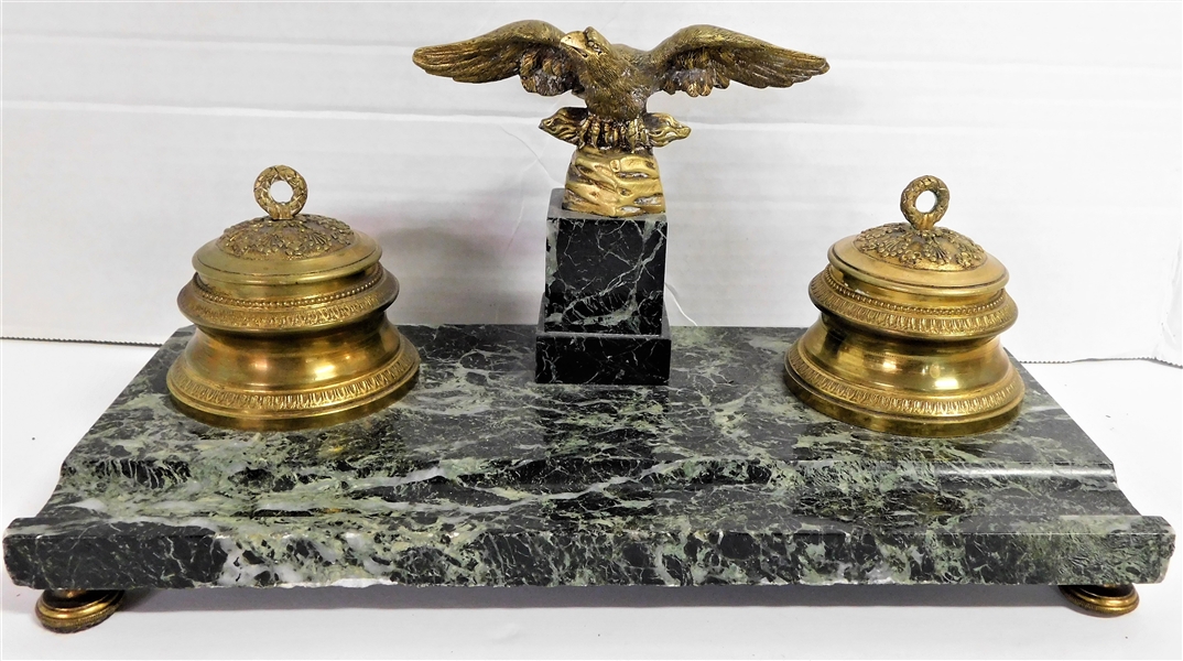 Brass and Marble Eagle Ink Well - 6" tall 12 3/4" by 6"