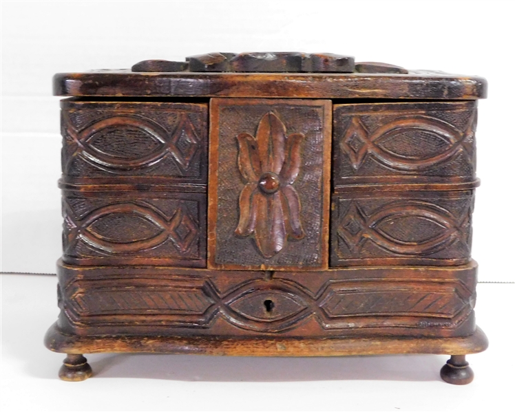 Early 19th Century Heavily Carved Jewelry Box - With Lift Top and 4 Swing Out Drawers and Hidden Compartment in Bottom  - Richmond Virginia - 6" tall 8 1/2" by 5"
