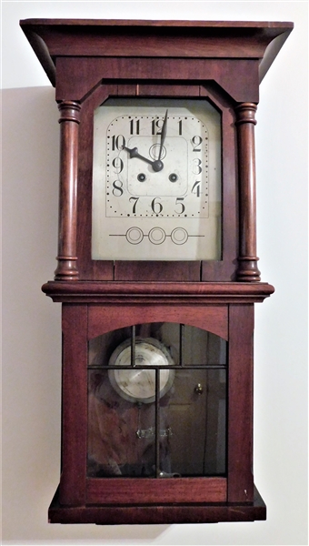 Walnut Hanging Wall Clock - Echo Gong - Running with Key and Pendulum- 28" tall 12" by 6"