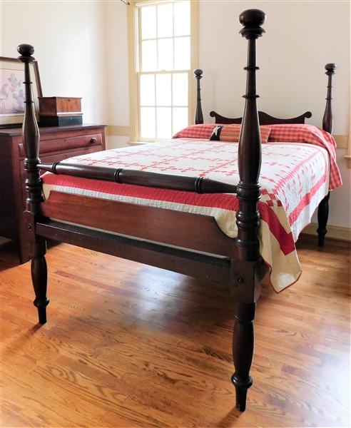 Full Sized Turned Post Bed with Bun Finial  with Super Thin Red and White Handmade Quilt and All Matching Bedding-Was a 3/4 rope bed converted into standard full sized bed  