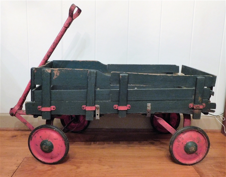 Green and Red Painted Wood Wagon - Removable Wood Slat Sides - Rubber and Metal Wheels 