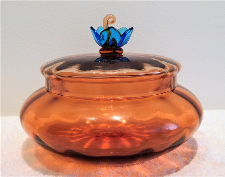 Attributed to Steuben Rose Colored Box with Blue Lotus Flower on Top - 6" tall with lid 7 1/2" wide