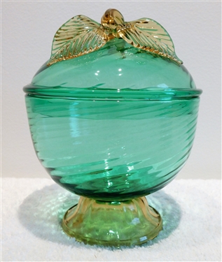 Hand Blown Green Swirl Art Glass Candy Dish with Applied Leaf and Handle - 7" tall 
